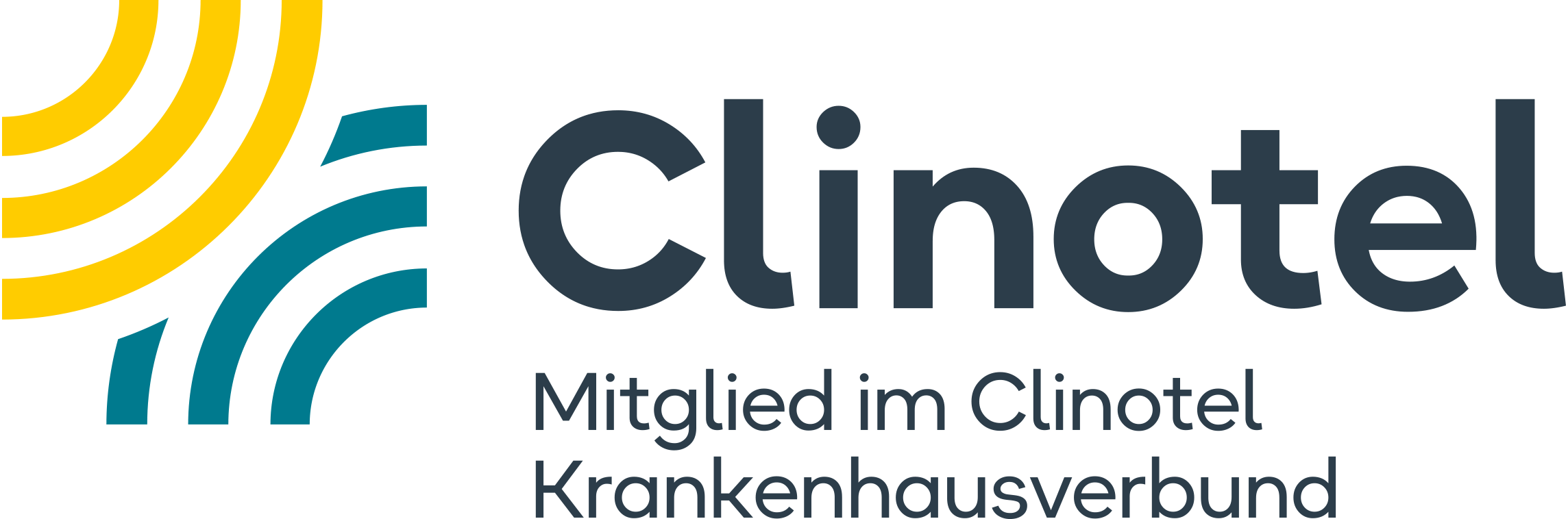 Logo bestehend aus einem gelb und petrolfarbenem Visual aus Viertelkreisen und dem Schriftzug 