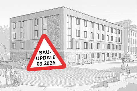 Visualisierung vom Neubau des EVK Mettmann mit einem dreieckigen Schild mit rotem Rand und dem Text 